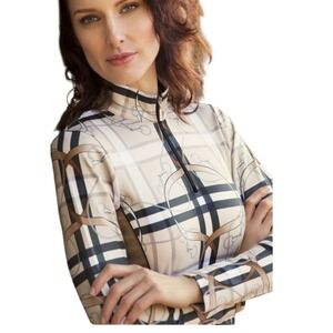 Arista Equestrian Sun Shirt Plaid Bit Print XS Tan Brown Quarter Zip